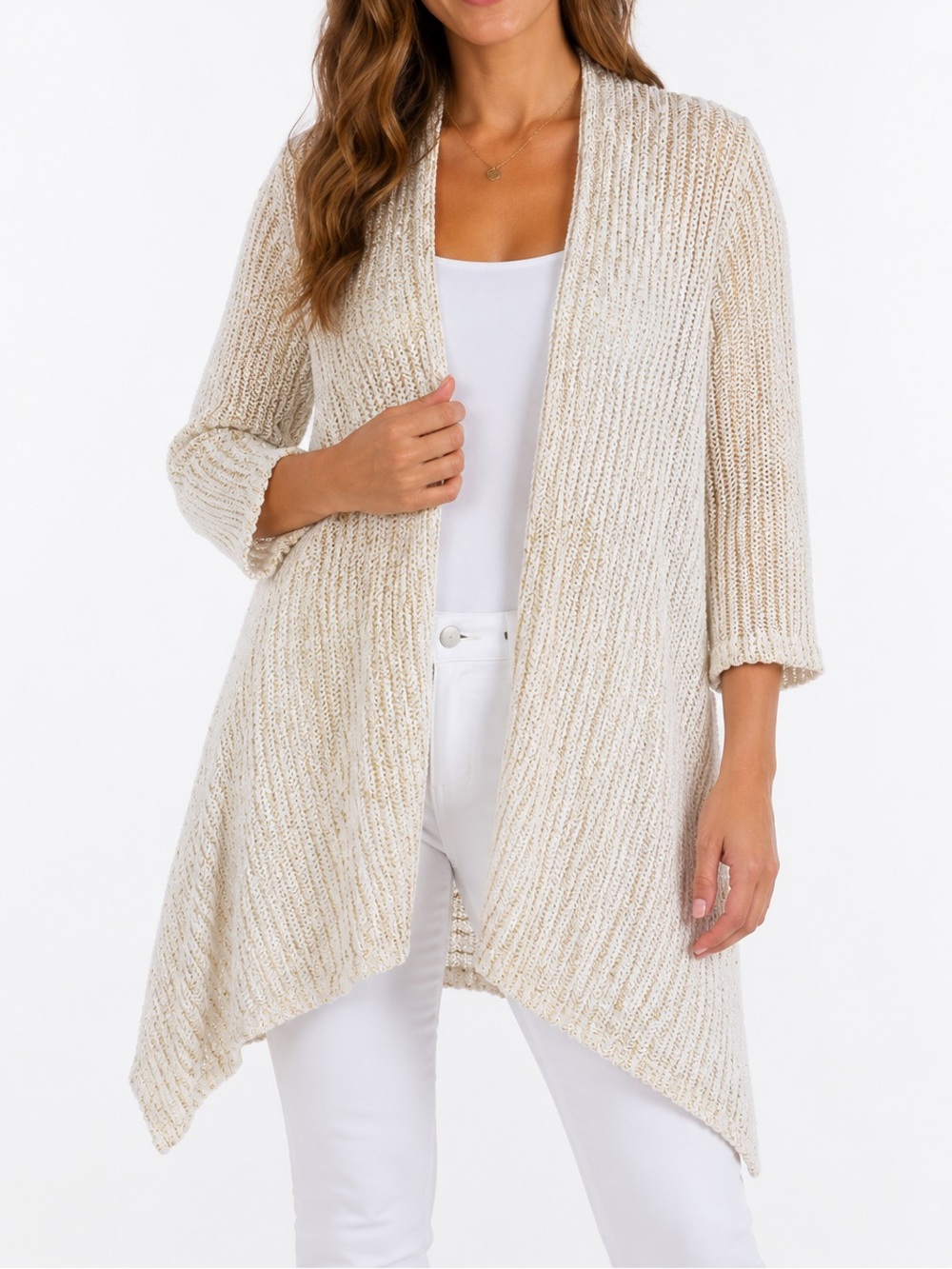 CHICOS Cream & Gold Metallic Open-Front Ribbed Cardigan Summer Sweater